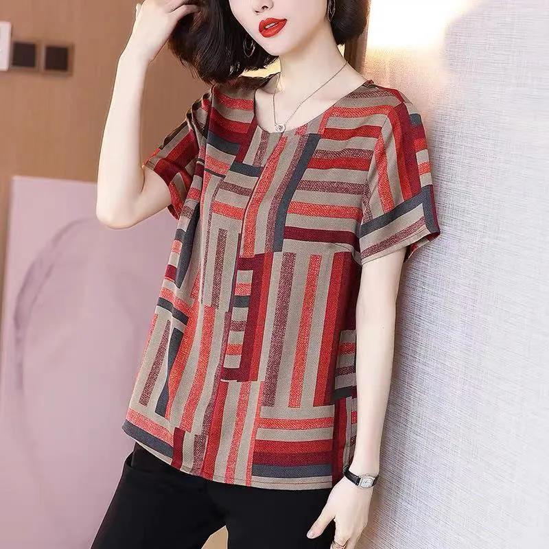 Loose Casual Top Short-sleeved T-shirt Women's Hit Color Age Thinner Summer New Irregular Striped Top Cool and Breathable