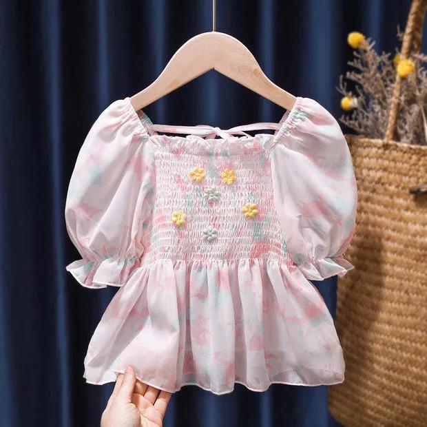 Girls' Summer T-shirts Children's Short-sleeved Western-style Children's Clothes Little Girls Chiffon Shirts