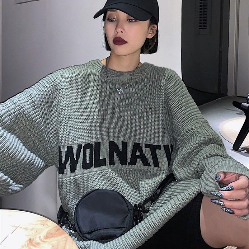 Autumn Winter  Women Fashion Sweater Casual Knitting Sweater Letters Jacquard Round Neck Pullovers Loose  Long Sleeve Sweater