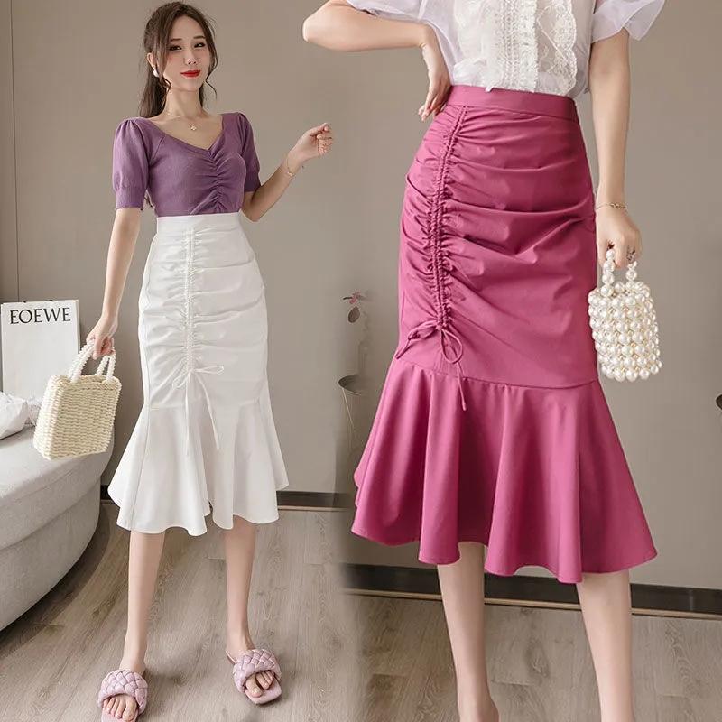 Women's Bow Knot Pleated Fishtail Skirt Irregular Solid Color All Match Professional Office Short Skirt
