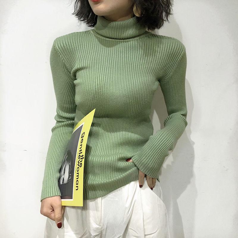 Pofulove Autumn Solid Color Slim Pullover High Collar Warm Long Sleeve Knitted Sweater Women's Cloth
