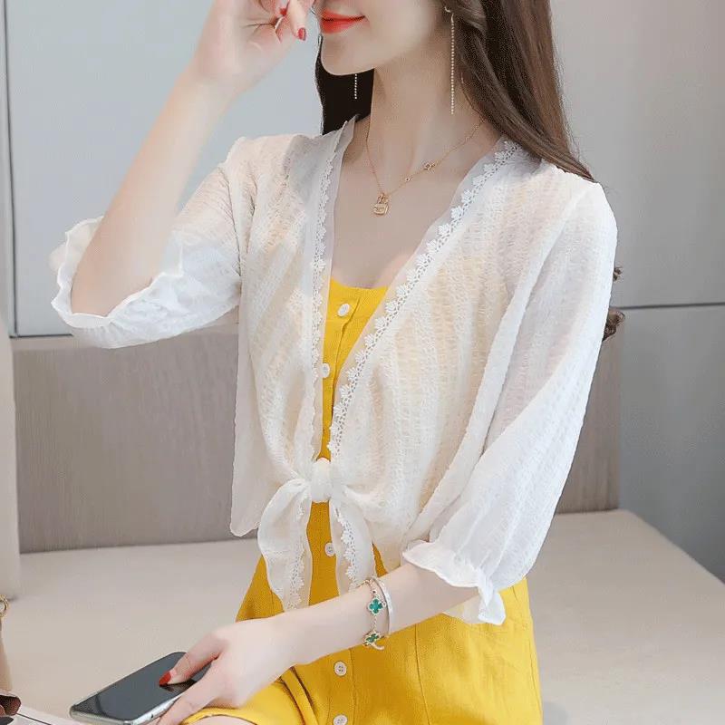 1 PCS Lace Cardigan Women Beach Sun Protection Summer Short Solid Color Thin Shawl Pair with Suspender Dress