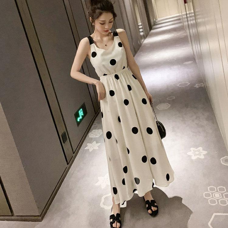 Polka Dot Suspender Dress Women's Summer Elegant Mid Length Open Back French Waist Chiffon Dress