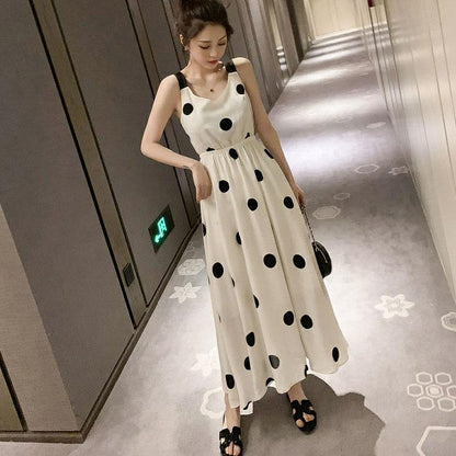 Polka Dot Suspender Dress Women's Summer Elegant Mid Length Open Back French Waist Chiffon Dress