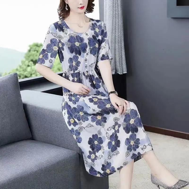 Women's Slim A-line Skirt Summer Short Sleeve Mid Length Floral Large Size Dress