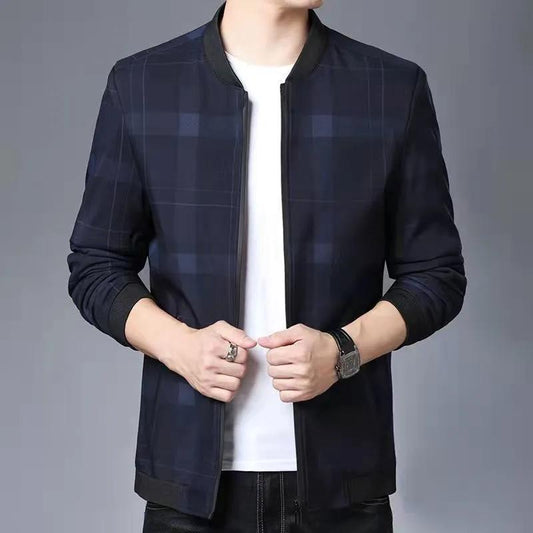 Men's Spring and Autumn Stand Collar Thin Coat Plaid Casual Slim Jacket Middle-aged High Quality Baseball Uniform Jacket