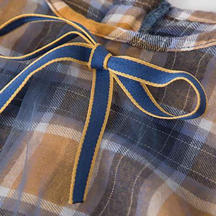 Children Dress Girls Summer Thin Dresses Plaid Sleeveless Bowknot Princess Dress Irregular Mesh Dress Vest Dress