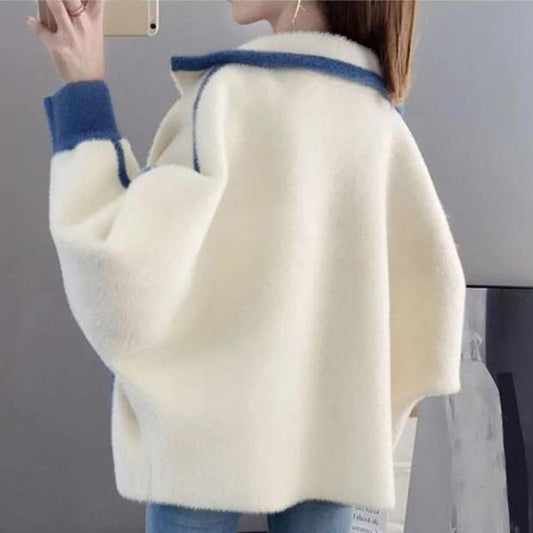 Mink Fleece Knitted Cardigan Women's Autumn and Winter Long-sleeved Loose Sweater Short College Style Jacket