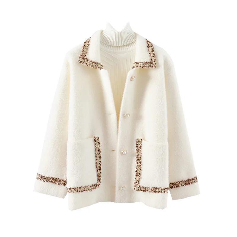 Autumn and Winter Korean Style Suit Collar Embroidery Loose Knit Jacket with Diamonds and Beaded Warm Sweater Cardigan
