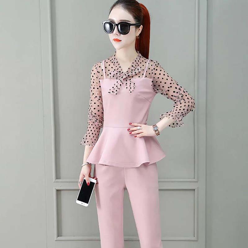 Ladies Professional Suit Xiaoxiangfeng Spring and Autumn Thin Temperament Two-piece Round Neck Long-sleeved Shirt + Casual Suit Pants