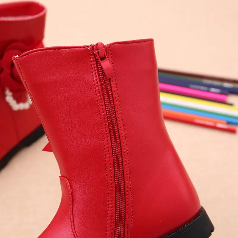 Girls' Boots Autumn and Winter Solid Color Flower Martin Boots Plush Warm Pearls Princess Snow Boots