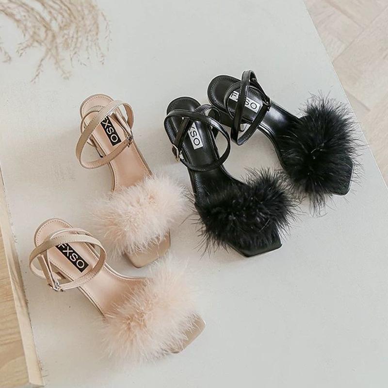 Hairy Sandals Female Summer Fairy Style Thick Heel Mid-heel Fashion High Heels
