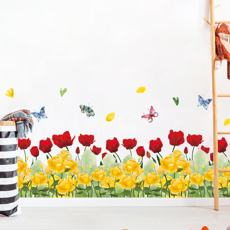 Watercolor Rose Flower Baseboard Wall Sticker Bedroom Living Room TV Sofa Background Decoration