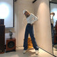 Spring  Autumn Plus Size Loose Woven Denim Wide-leg Trousers   Straight Thin High-waist Casual Mopping Pants Women