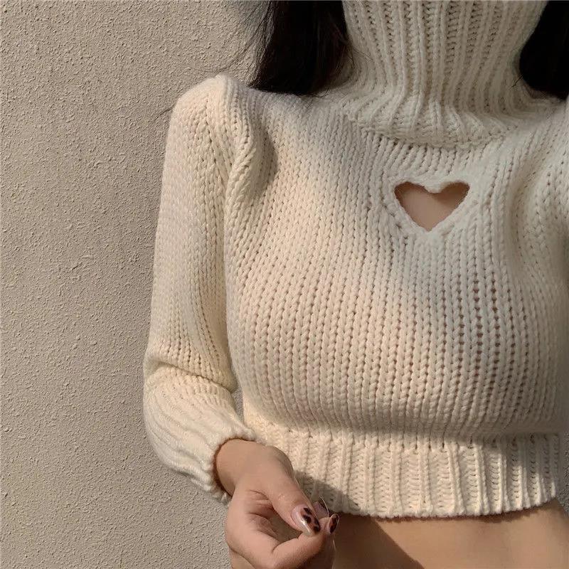 Turtleneck Sweater Women's Autumn Winter Design Sense of Love Hollow Out Slim Slimming Short Knit Sweater Long-sleeved Top