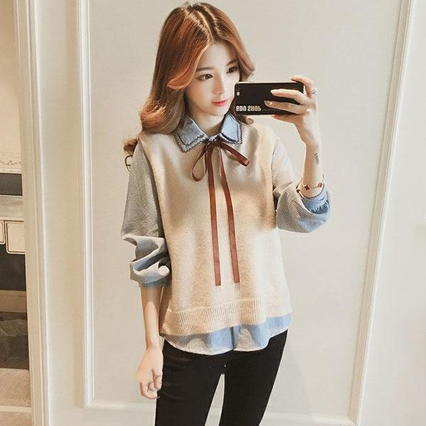 Spring and Autumn Vest Shirt Two-piece Long-sleeved Turn Down Collar Bottoming Shirt Top Shirt