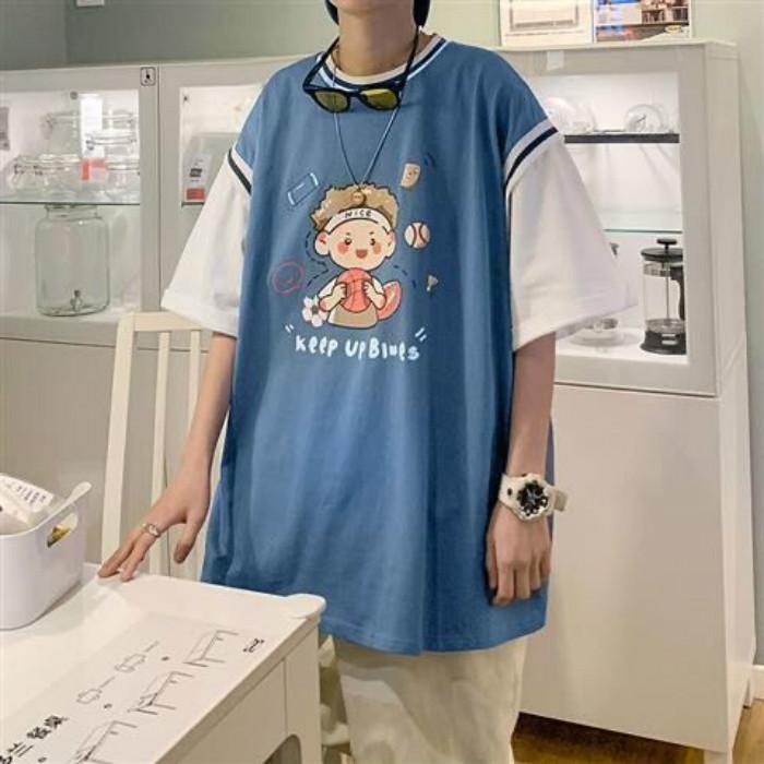 Summer Fake Two-piece Short-sleeved T-shirt Male Net Red Ins Super Fire Student Loose Cute Print Top Tide