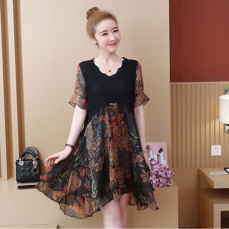 Large Size L-XXXXXL Women's Summer Dress Chiffon Veil Printing Above Knee V-neck Ruffle