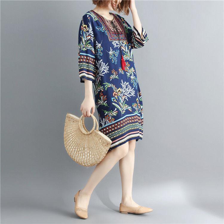Printing  M-XXXL Printed Round Neck Dress Women Loose Plus Size Summer Polyester Short-sleeved Knee-length A-line Dress