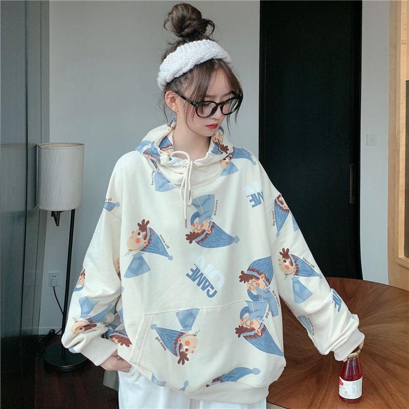 Cartoon Print Hoodie Women's Hooded Oversized Pullover Harajuku Warm Kawaii Women's Loose Street Sweatshirt