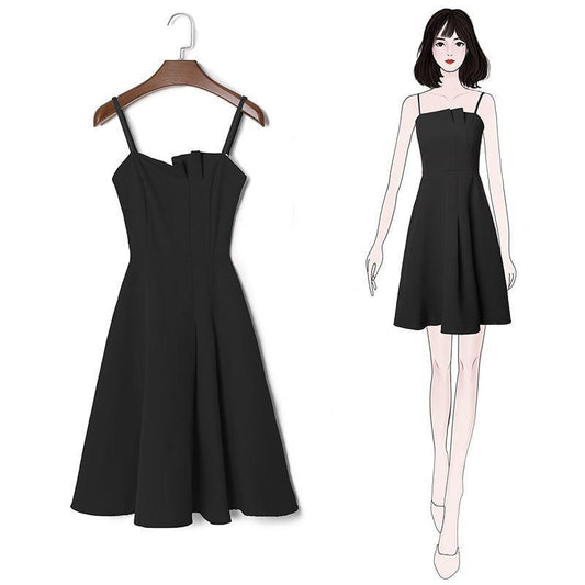 Female Simple Elegant Small Black Party Dress Slim Vintage Suspender Short Holiday Graceful Dress