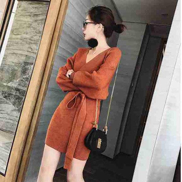 Autumn and Winter Mid-length Sweater Fashion V-neck Jacket Bat Sleeve Young Women Knitted Skirt
