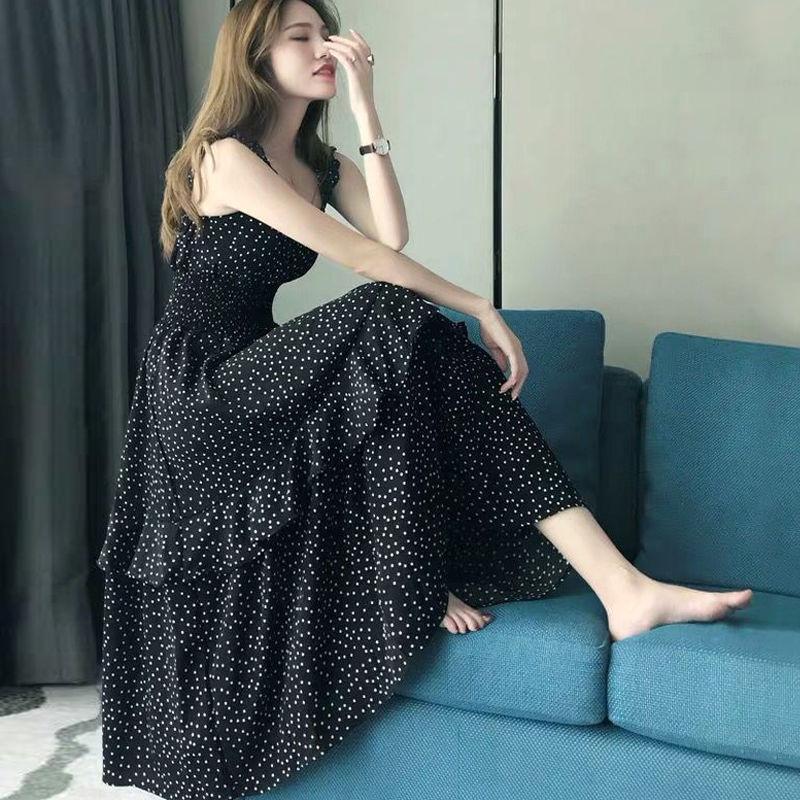 Mid-length Sling Chiffon Polka Dot Floral Dress Female Slimming Fairy Long Skirt Sling Polka Dot Dress Large Skirt A-line Version
