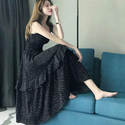 Mid-length Sling Chiffon Polka Dot Floral Dress Female Slimming Fairy Long Skirt Sling Polka Dot Dress Large Skirt A-line Version