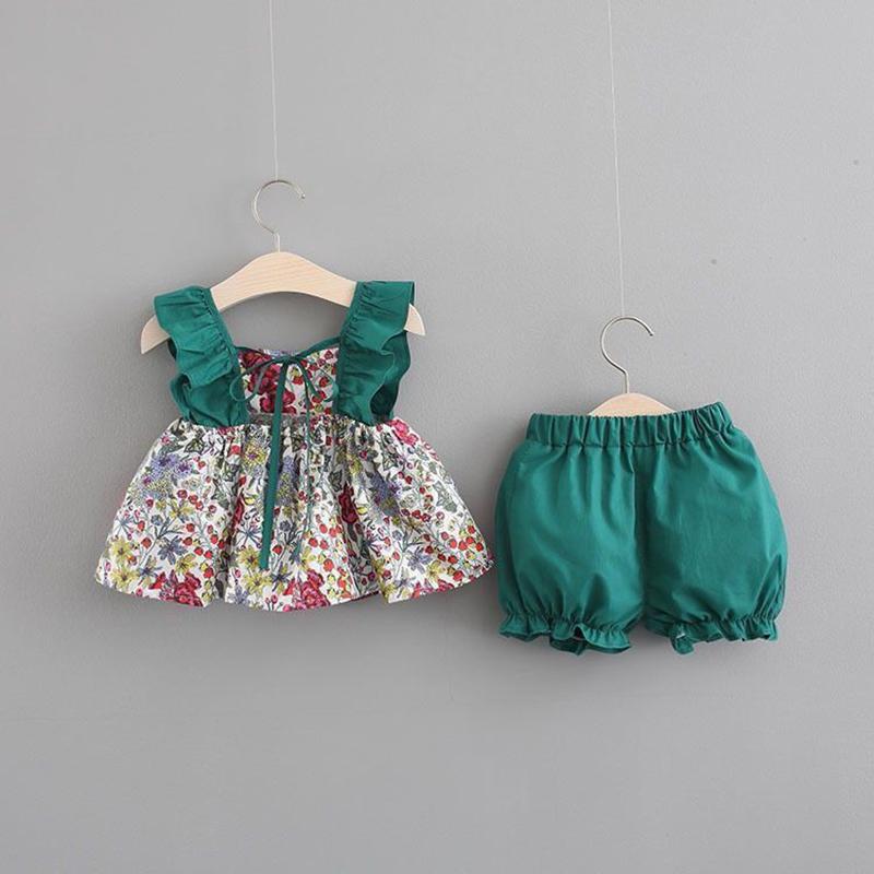 Girls' Clothing Suits Two-piece Cotton Floral Two-piece Sleeveless Children's Suits Casual Fashion Girls' Clothes Suits
