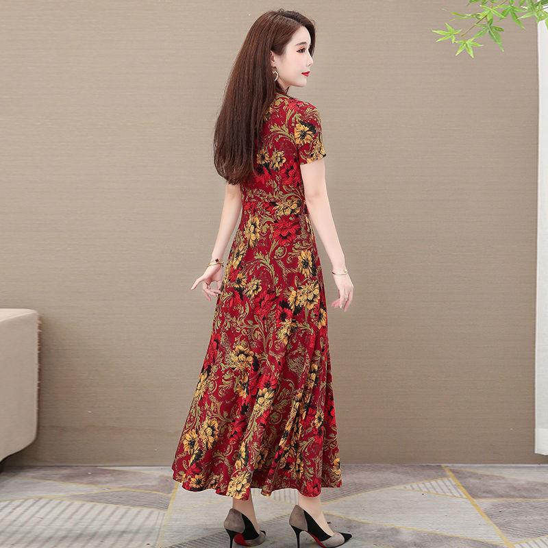 Summer Women's Short-sleeved Women's Dress V-neck Printed Long Dress Slim Fit Thin Large Swing Dress A-line Waist Dress Rice Fabric Is Soft and Light