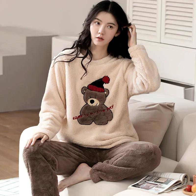 Coral Fleece Pajamas Women Autumn Winter Sleepwear Thick Warm Velvet Homewear Top and Pant Suit Cartoon Cute Nightwear O Neck Pullover Long Sleeve
