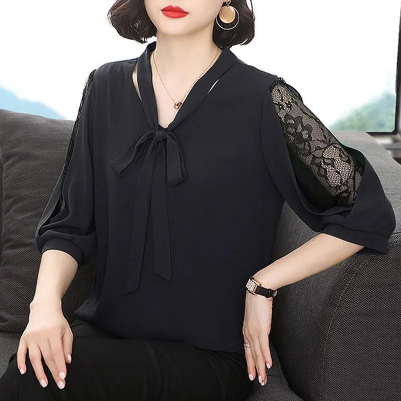 Women's Spring and Autumn Long-sleeved Chiffon Shirt Large Size Loose Solid Color Lace-up Top