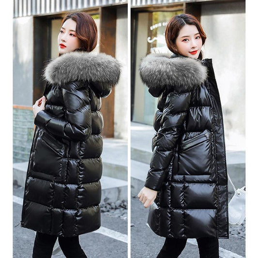 Large Fur Collar Down Cotton Jacket Women Mid-length Winter Fashion Trend Loose Shiny Warm Coat