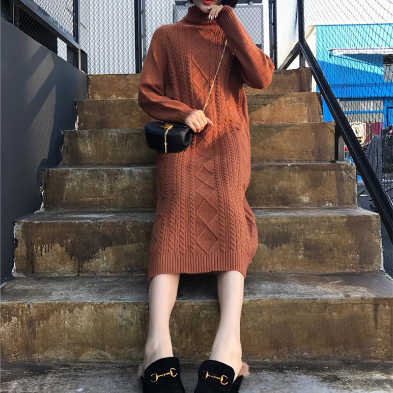 Women Turtleneck Knitwear Dress Long Knitted High Waist Solid Color Sweater Skirt Thick