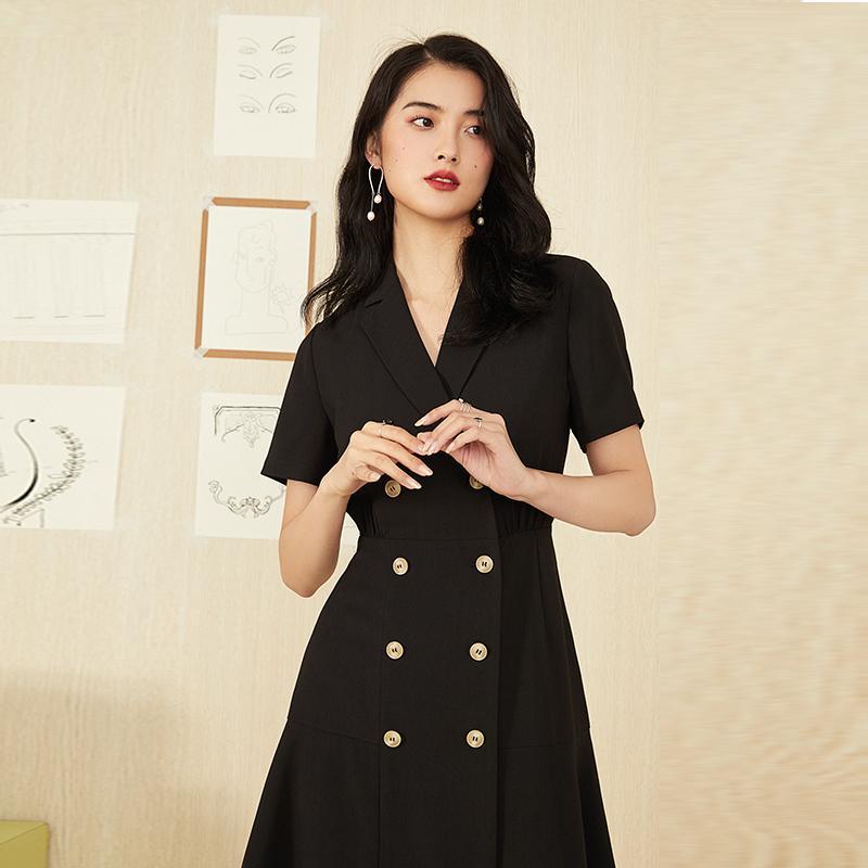 Vintage Suit Collar Short Sleeve A Line Dresses Elegant France Office Ladies Dress Retro Robe Dress