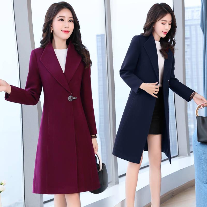 Women Wool Outwear Winter Wool Coat Long Sleeve Turn-Down Collar Blends Jacket Lady Overcoats