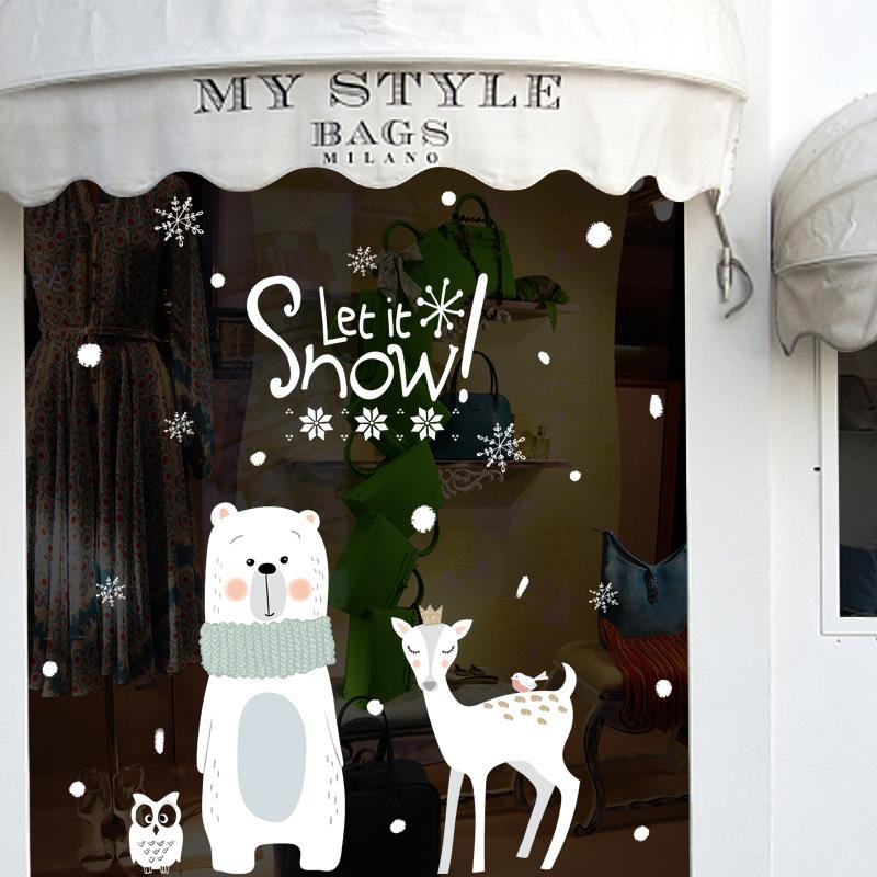 Christmas Glass Shopping Mall Shop Window Door Sticker Bear Deer Snowflake Arrangement Wall Sticker