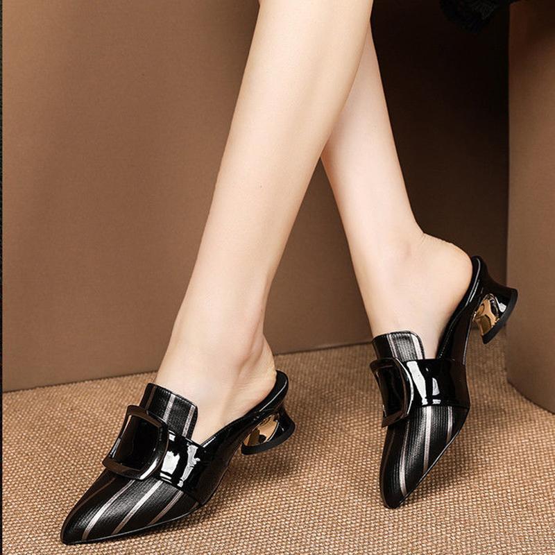 Soft Leather Sandals Women Middle Heel Slippers Pointed  Slippers Thick Heel Sexy Heel Sandals