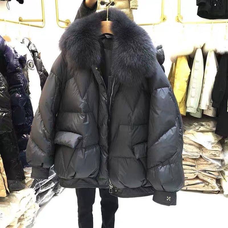 Korean Fashion Ladies Down Jacket Fox Fur Collar Thick Bread Jacket White Duck Down Short Down Jacket