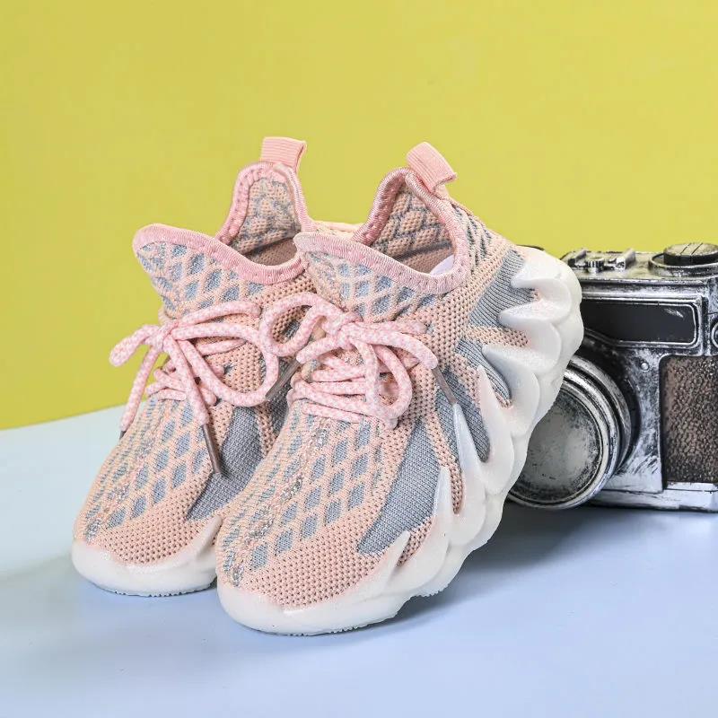 2021 Spring and Autumn Girls' Casual Student Sneakers Korean Version of Wild Knitted Breathable Net Shoes Boys Sports Shoes