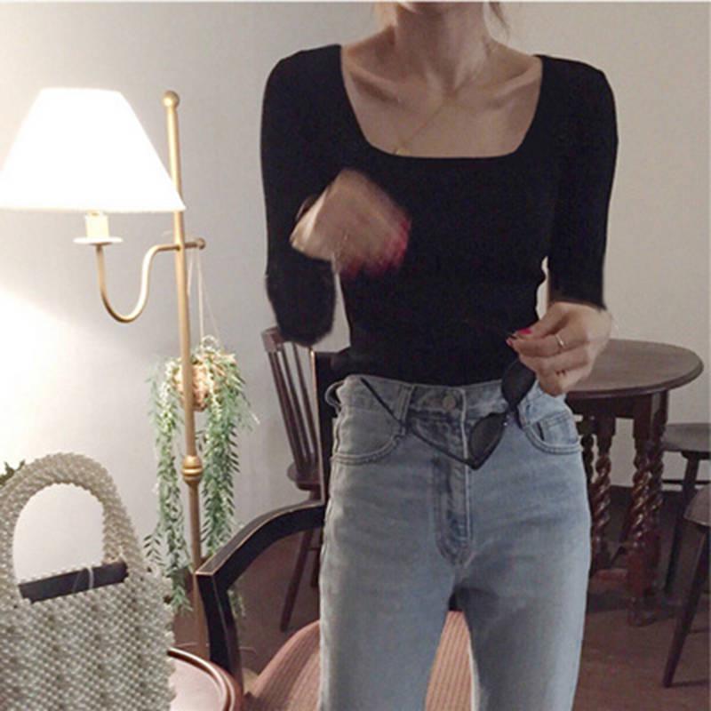 Pofulove Open Collarbone Square Collar Shirt Sweater Female Tight Bottoming Slim Student Sweater