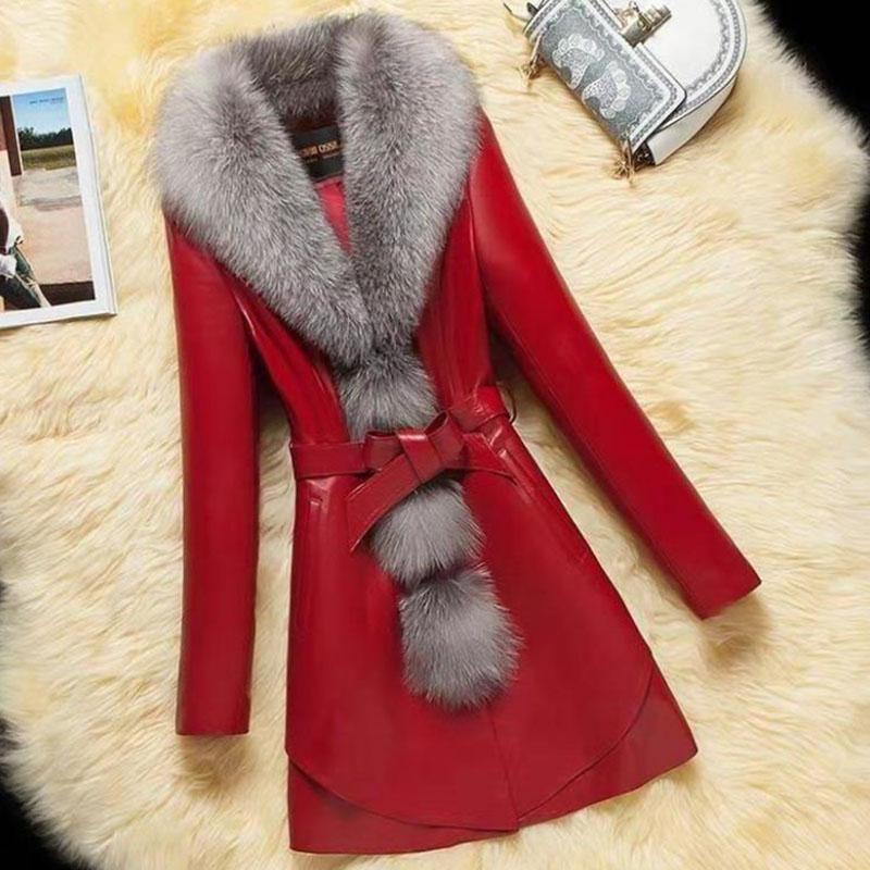 Autumn Winter OL Style Pu Leather Coat Women Mid-length Thick Faux Fur Collar Silk Wadding Parka Overcoat with Belt
