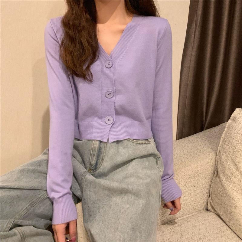 Spring and Autumn Knitted Cardigan Long Sleeve V-neck Sweater Solid Color Short Casual Coat