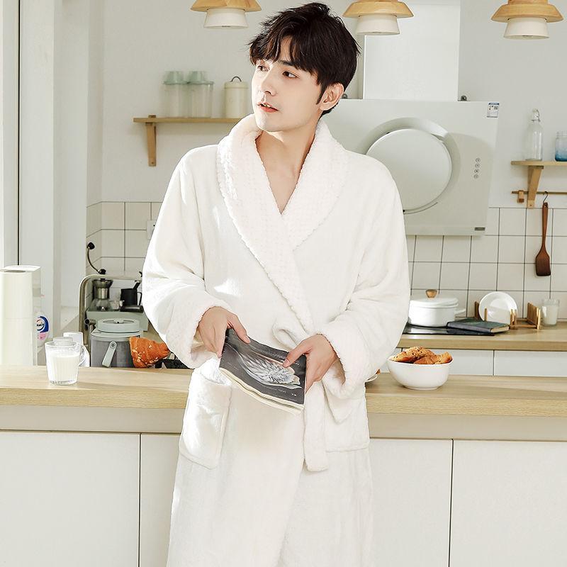 Men's Nightgown Hooded Autumn and Winter Long Coral Fleece Plus Velvet Thick Bathrobe Flannel Pajamas Winter Home Service