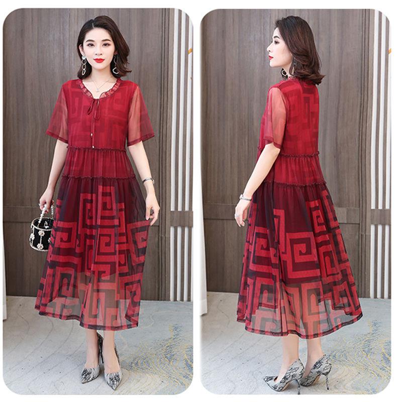 Large Size L-XXXXXXL Summer Chiffon Mid-calf Loose Short Sleeve A-line Dress Cover Belly Looks Skinny