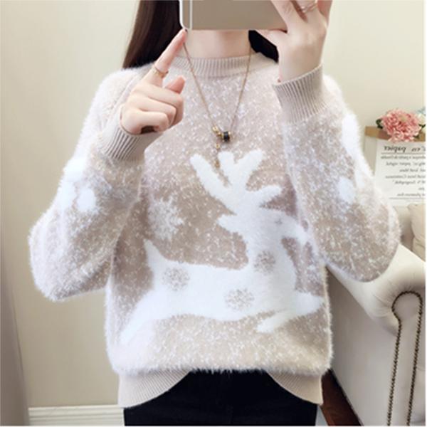 Autumn and Winter Pullover Sweater Thick Knit Sweater Elk Pattern Young Women Bottoming Shirt