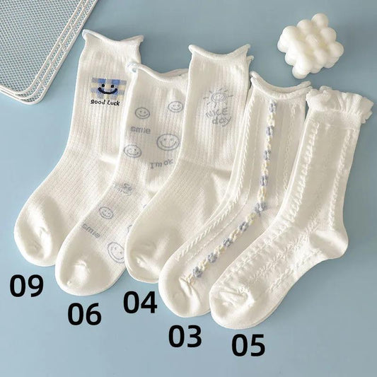 Five Pairs of White Lace Stockings Women's Korean Cartoon Jacquard Cute Stockings