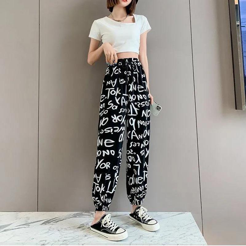 Chiffon Bloomers Women's Summer Letter Printing Graffiti Elastic Waist Loose-fitting Sports Casual Pants