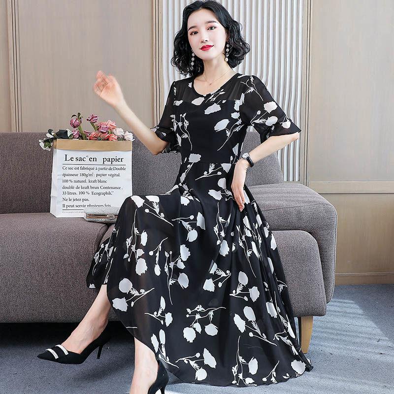 Womens O Neck Holiday Floral Print Dress Ladies Short Sleeve Party Dress