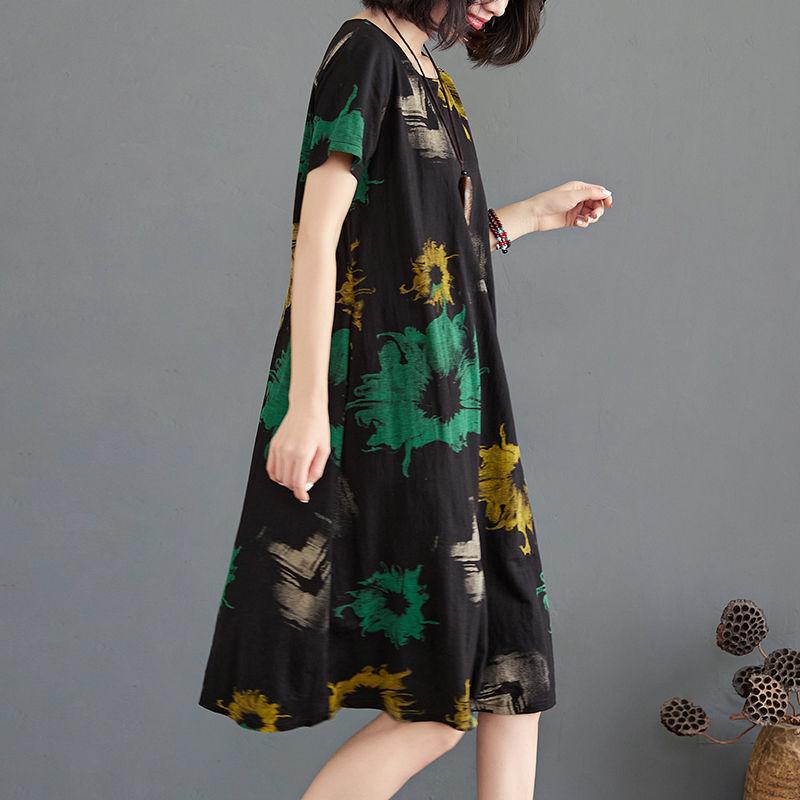 Printing Vintage XL-XXXXXXL Summer Polyester Short-sleeved Knee-length A-line Dress